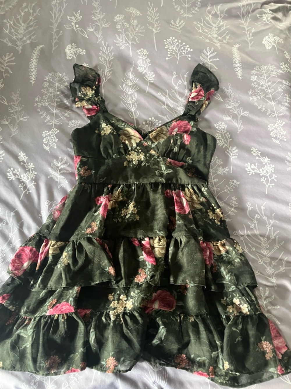 Floral Ruffled Mini Dress - Dark Green with Pink Roses - Picture 3 of 4